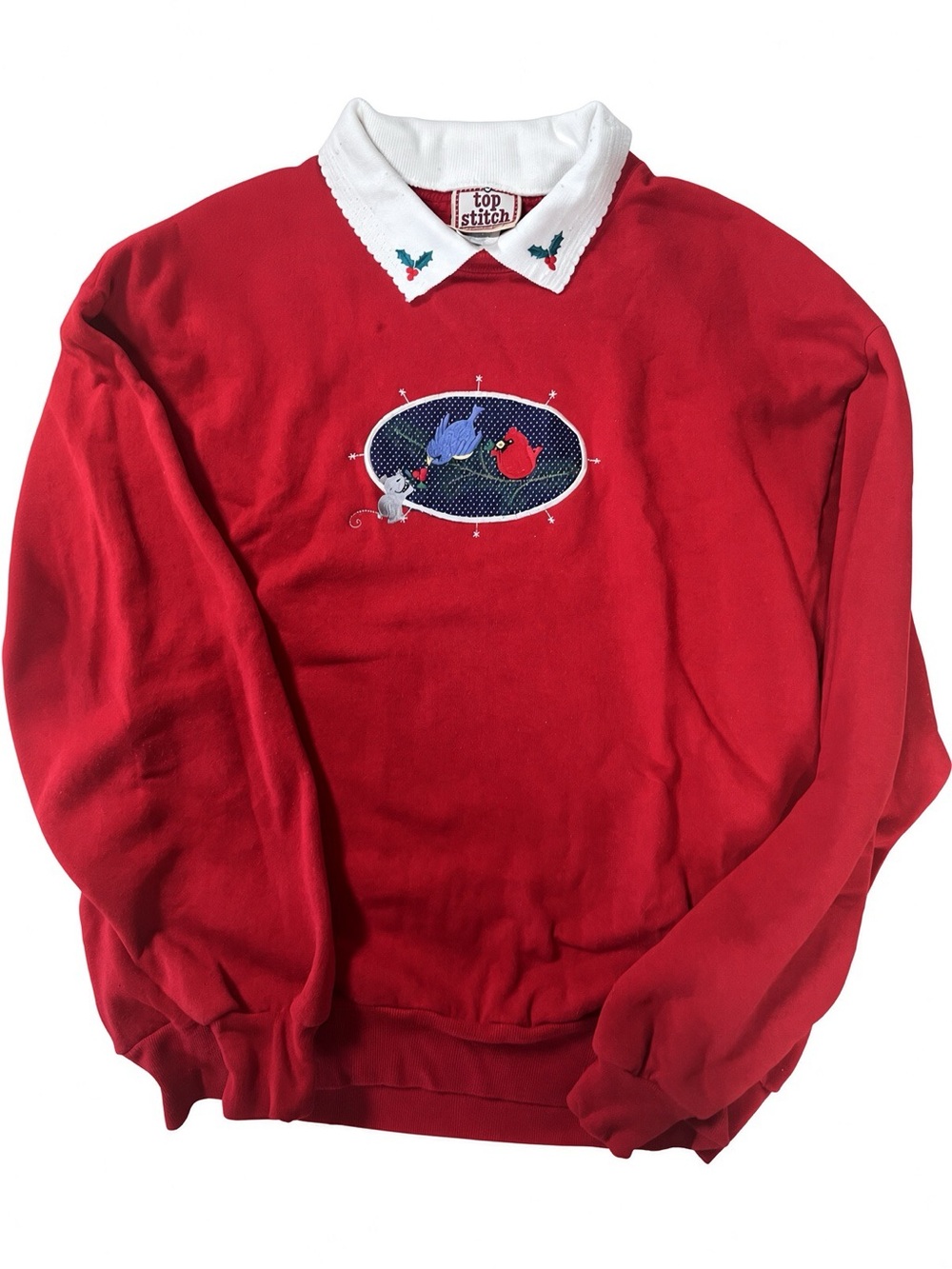 Vintage 90s Top Stitch Red Christmas Sweatshirt Embroidered Birds L